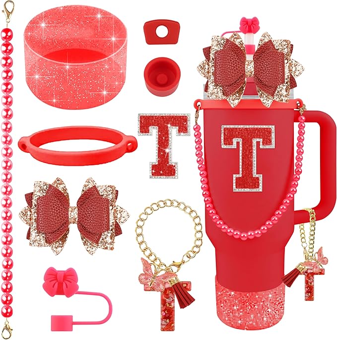 9PCS Red for Stanley Cup Accessories Set Bling Initials Bow Charms for Stanley Decorations 30/40 Oz Tumbler Accessories Including Bow Straw Topper, Handle Strap, Spill Stopper（Letter T）