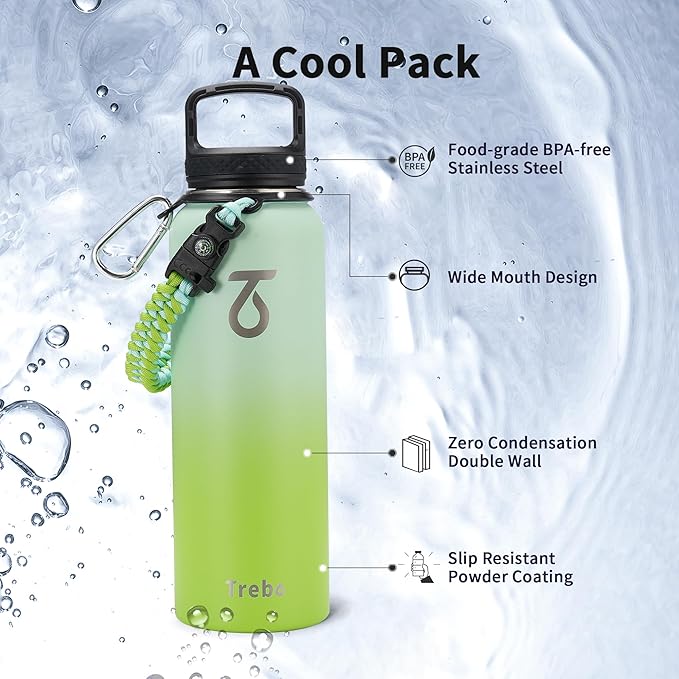 Trebo 40oz Water Bottle Insulated with Lid and Straw,Triple Wall Vacuum Stainless Steel Metal Sports Flask with Paracord Handle, Keep Hot 24 Hours & Cold 48 Hours Water Jug with 3 Lids, Dark Green