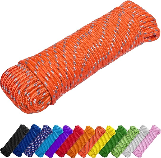 TECEUM Rope – 150 Feet x 1/4 Inch (7mm) – Orange Gray – Strong All-Purpose Utility Rope – Camping, Crafting, Flag Pole, Indoor & Outdoor – Polypropylene Nylon Poly Lightweight Diamond Braided Cord