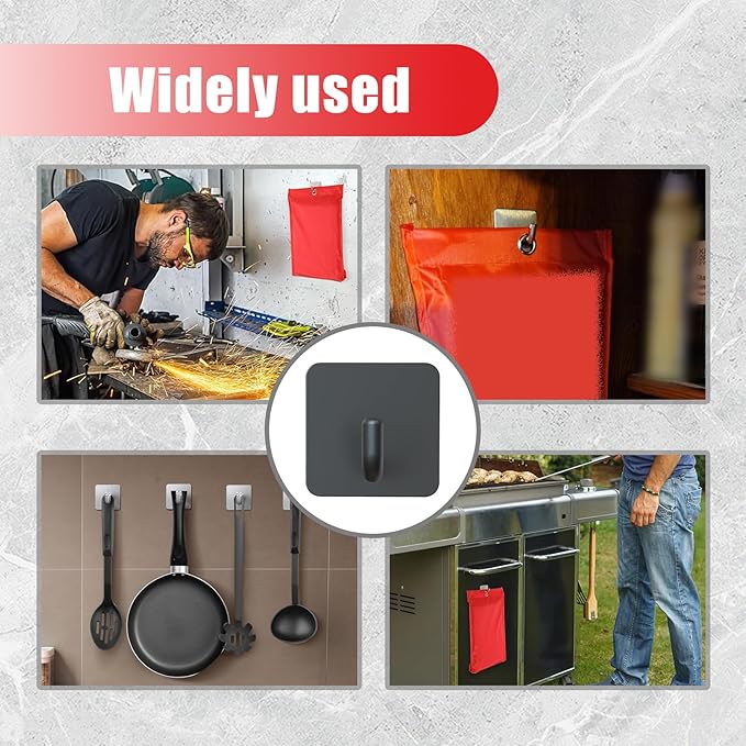 Emergency Fire Blanket Wall Hooks，Waterproof Stainless Steel Adhesive Hooks for Home Kitchen Bathroom Office and Outdoor (Black, 8 Pack)