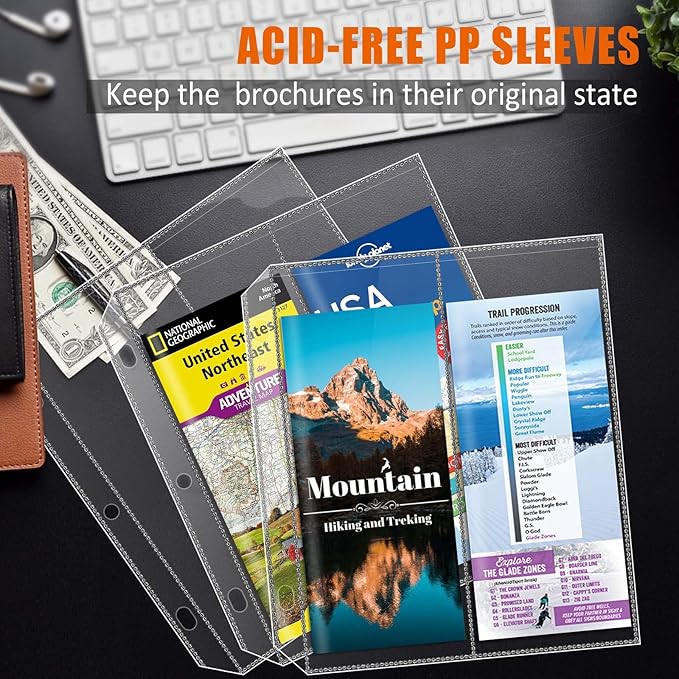 Folded Map Sleeves, Map Protector, Envelopes Page for 3-Ring Binders, Brochure Holder with 4.5" x 11" Pockets, 20PCS