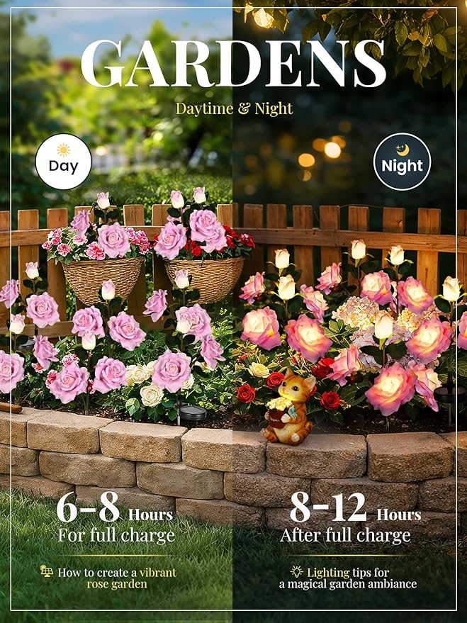 GIGALUMI Solar Lights Outdoor for Garden Decor, 3 Pack Solar Flower Lights Waterproof, 2 Lighting Modes 9 Roses for Pathway,Yard, Patio Decoration, Gardening Gifts for Women (Purple)