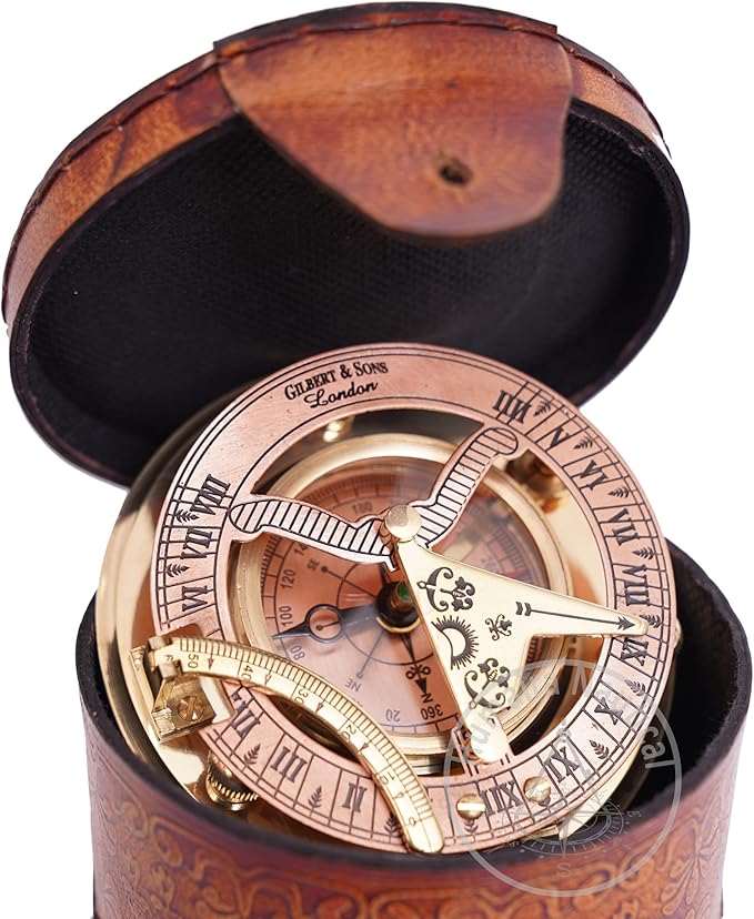 Humaira Nautical Vintage Brass Sundial Compass with Copper Dial & Leather Box Handmade Sun Clock Maritime Navigation Compass Gift