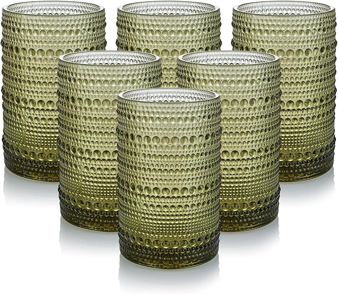 HomeVogue Hobnail Drinking Glasses Set of 6,15 oz Vintage Glassware Set Cocktail Glass Set, Embossed Green Water Tumbler,for Beer, Whiskey,Juice and Various Mixed Drinks (15oz Green)