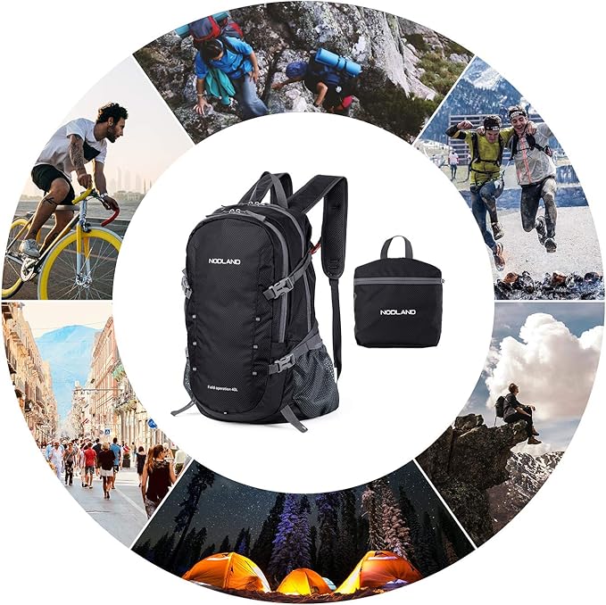 NODLAND Lightweight Backpack Travel 40L Foldable Water-Resistant Daypack, Hiking Outdoor Camping Rucksack for Men Women