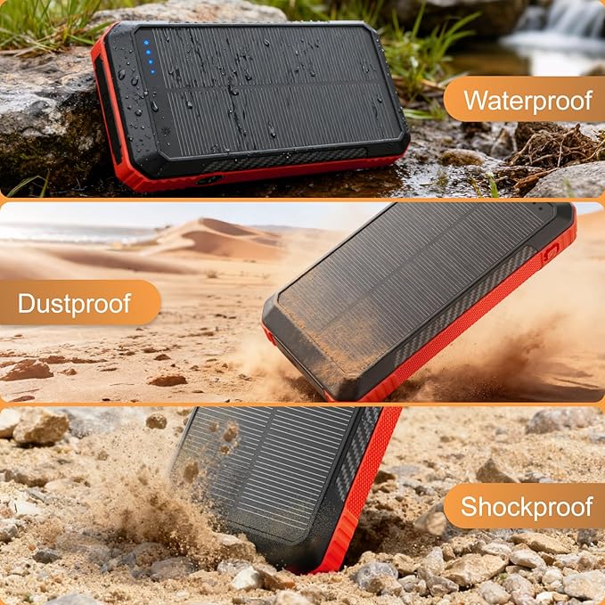 Solar Power Bank 33800mAh with Super Bright LED Flashlight, Built-in 4 Cables & Wireless Charging, Portable Charger with Compass, 7 Outputs & 4 Inputs for Camping/Hiking(Red)