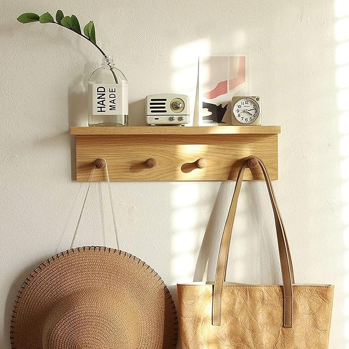 Entrance Coat Rack ，Coat Hooks, Wall-Mounted Wooden Hook Rack, Wall-Mounted Shelves(Oak Colored Finish—A-1)