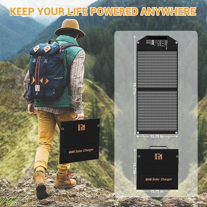 60W Portable Solar Panels Charger with PD3.0 PD45W USB-C QC3.0 USB-A 18V DC MC4 Outputs Foldable Solar Panel for Camping RV Trip Fast Charging for Small Power Station Generator Cell Phone Power Bank