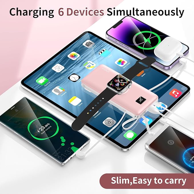 Portable Charger Built-in Cables, AC Wall Plug and Magnetic Wireless iWatch Charger, 10000mAh 22.5W PD Fast Charging Power Bank, Compact Battery Pack Travel Essentials for iPhone/Samsung/Apple Watch