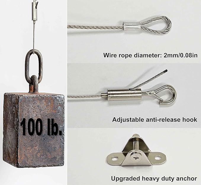 4 Sets Adjustable Hanging Wire Kit, Stainless Steel Multipurpose Suspension Wire Cable with Hook, Heavy Duty Anchor for Furniture, Light, Lamp, Picture, Mirror Secure to Wall or Ceiling, 60in