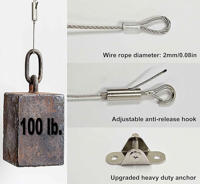 6 Sets Adjustable Hanging Wire Kit, Stainless Steel Multipurpose Suspension Wire Cable with Hook, Heavy Duty Anchor for Furniture, Light, Lamp, Picture, Mirror Secure to Wall or Ceiling, 20in