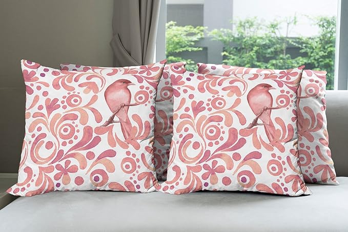 Ambesonne Watercolor Throw Pillow Cushion Case Pack of 4, Bird on Tree Branch Floral Swirls Curves Little Dots Wildlife, Modern Accent Double-Sided Digital Printing, 20", Rose White