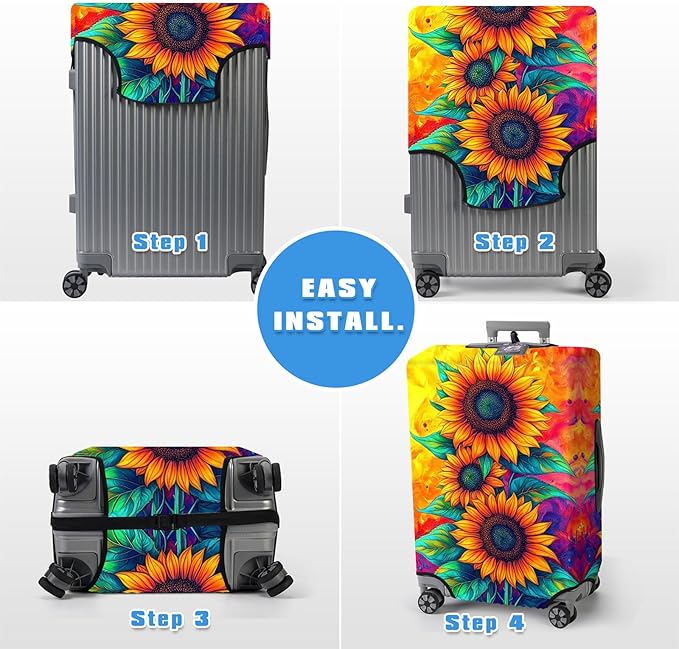 Luggage Cover Protector for 19-20 Inch Suitcases, TSA Approved Elastic Travel Suitcase Covers, Anti-Scratch Washable Luggage Sleeve for Carry On & Checked Bags, Three Sunflowers