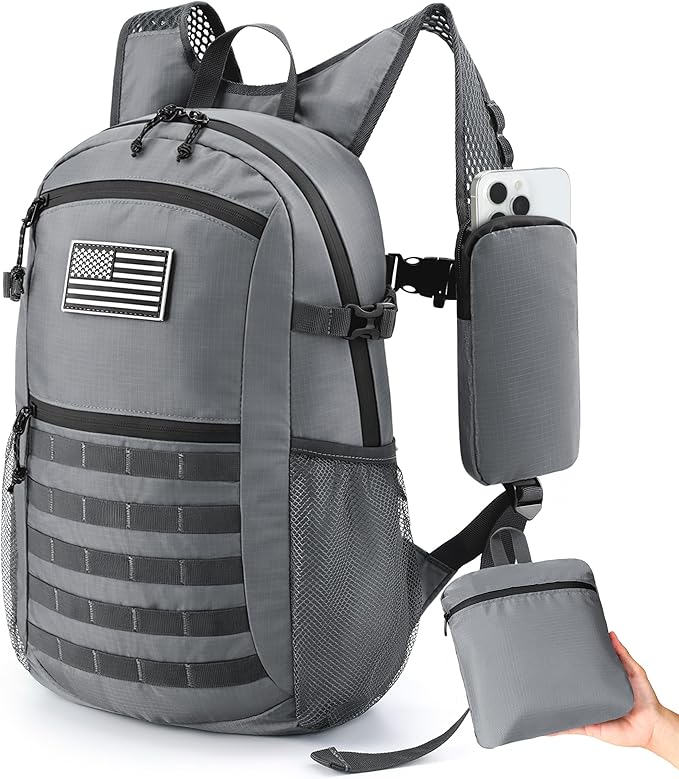 Small 20L Foldable Hiking Daypack for Men Women – Ultra Lightweight Tactical Packable Backpack for Travel, Camping Outdoor, Grey