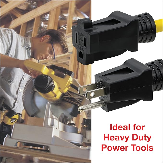 Clear Power 50 ft 12/3 SJTW Heavy Duty Outdoor Extension Cord, Water & Weather Resistant, Flame Retardant, Yellow, 3 Prong Grounded Plug, CP10145