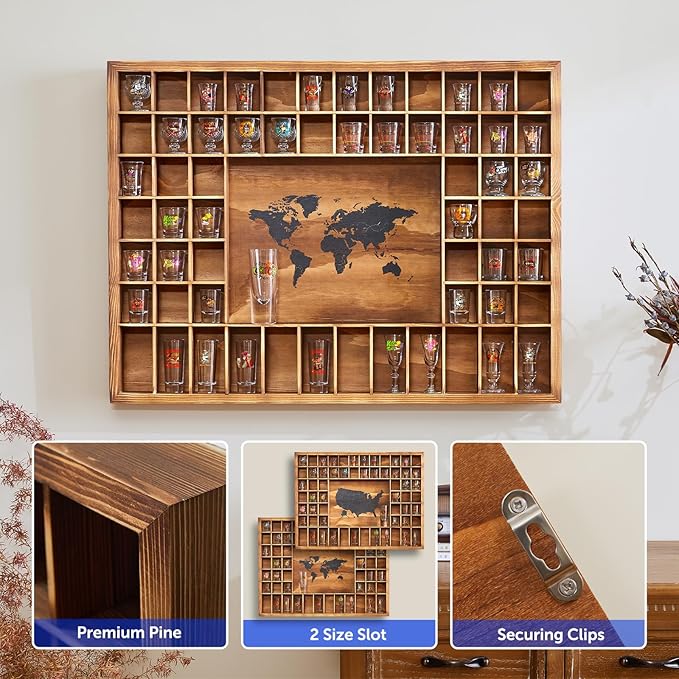 Large Shot Glass Display Case with World Map,60 Slots, 34 X 26 Inch Rustic Wood Shot Glass Display Cabinet for 2 Size -In Rooms Bars Wine Cellars with Shot Glasses Jewelry Shell & Keepsakes