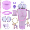 9PCS Purple for Stanley Cup Accessories Set Bling Initials Bow Charms for Stanley Decorations 30/40 Oz Tumbler Accessories Including Bow Straw Topper, Handle Strap, Spill Stopper（Letter R）