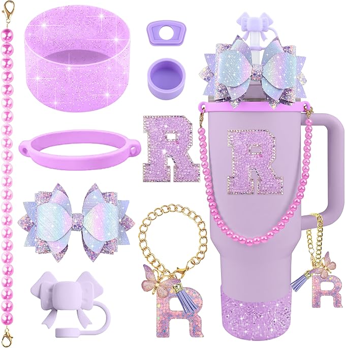 9PCS Purple for Stanley Cup Accessories Set Bling Initials Bow Charms for Stanley Decorations 30/40 Oz Tumbler Accessories Including Bow Straw Topper, Handle Strap, Spill Stopper（Letter R）