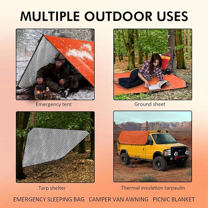 2 Pack Upgrade Survival Blanket – Insulated Thermal Reflective Tarp - 60" x 82". All-Weather, Reusable Emergency Blanket for Car or Camping, Orange
