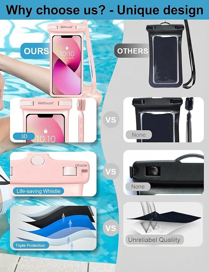 wellhouse 3D Waterproof Phone Pouch with Lanyard,Premium TPU100FT Deep Waterproof Phone Case for iPhone 17 16 15 14 13 12 Pro Max XS Samsung,Snorkeling, Surfing, Kayaking,Skiing,Hot Springs