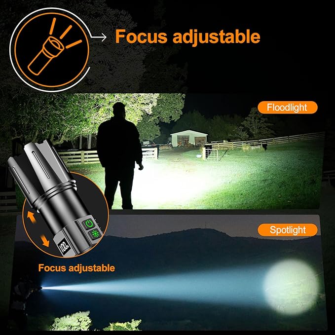 Super Bright Flashlight High Lumens 100000 Rechargeable, Powerful 50W LED, Long Lasting 30H, Daul Bottons 10Modes with Side Light, Quick USB C Charge & Output, Multi-functional for Home Camping Hiking
