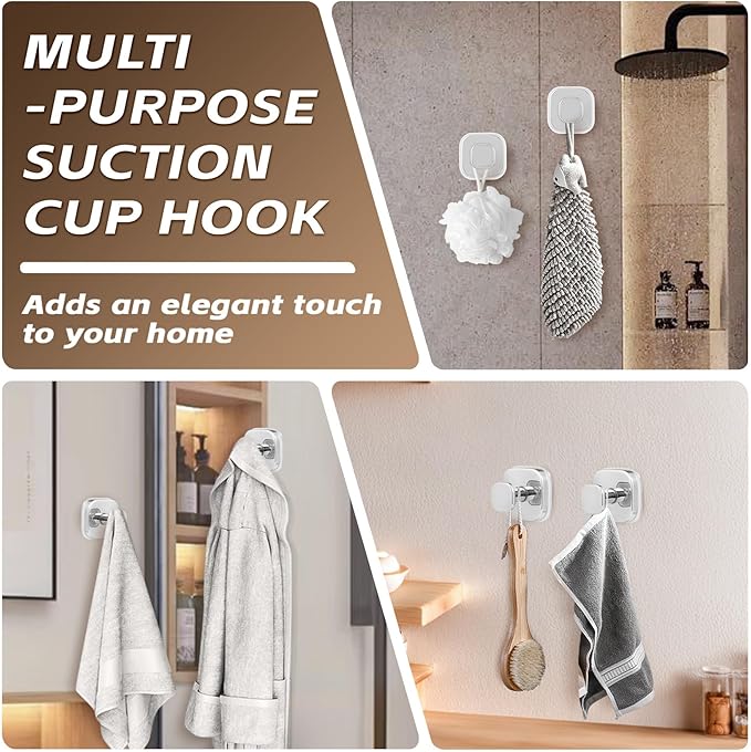 Suction Cup Hooks for Shower Heavy Duty No-Drill– Reusable Multi-Purpose Hooks Adheres to Glass, Mirrors, Tiles & Smooth Surfaces for Towels, Robes, Loofah& Body Sponge (4, Chrome Polished)