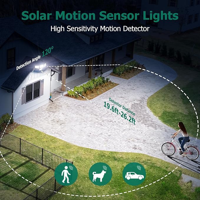 4500LM Solar Lights Outdoor, 4 Adjustable Heads Motion Sensor Lights, 3 Modes, 6500K, IP65 Waterproof Solar Security Wall Lights, Remote Control Flood Lights, Garden, Outside, Backyard, 1 Pack