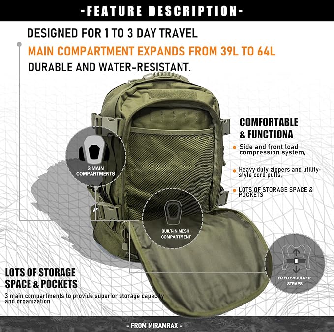Miramrax Tactical Backpack Military Army Daypack - Assault Pack for Men Molle Backpacks Bug Out Bag 3 Day Pack for Hiking Camping Travel Hunting Rucksack Trekking Green