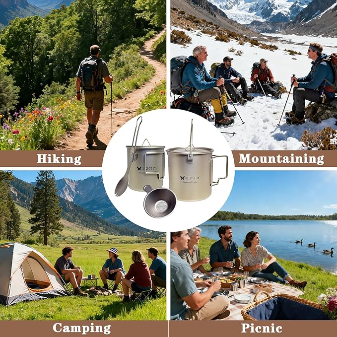 750ml/420ml Ultralight Titanium Pot Coffee Tea Mug Combo With Lid Spork,Tea Infuser, Nestable Camping Set With Foldable Handle For Backpacking, Hiking Mountaineering