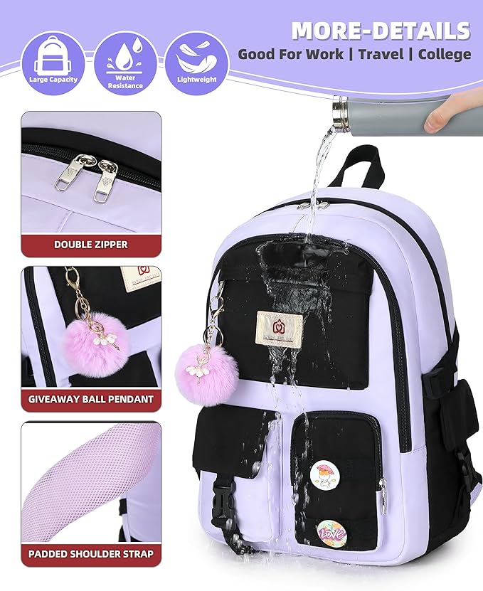 Hidds Laptop Backpacks 15.6 Inch School Bag Elementary Middle High College Backpack Cute Bookbags Anti Theft Travel Back Pack Casual Daypack Kids Book Bag for Teens Girls Women Students-Purple Black