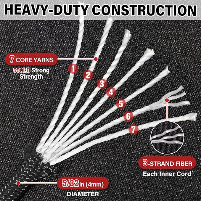 Paracord Rope 550 lb - 200ft 5/32" Parachute Cord 4MM 7-Strand para Cord - Heavy Duty Spool String for Survival,Camping Gear, Survival Bracelet, Clothesline - Black