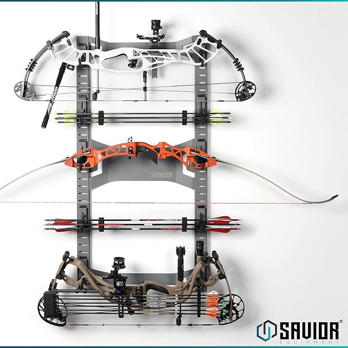 Savior Equipment Horizontal Steel Wall Mount Firearm Rifle Display Rack, Compound Bow Shotgun Carbine Gun Sword Tactical Vest Gear Hanger Free-Standing Indoor Storage Organizer, 10 Mounting Hooks