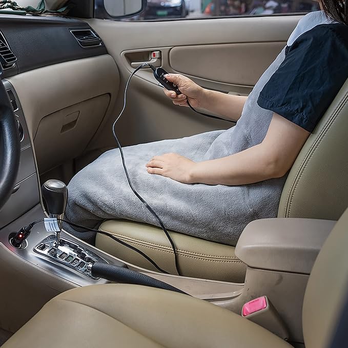 Electric Car Heating Blanket Plush 3 Heat Settings, Auto Shutoff, Washable, 55 X 40, Plugs into Cars 12v and Trucks 24v Outlet, Great for Cold Weather, Tailgating, Emergency Kits, Gray