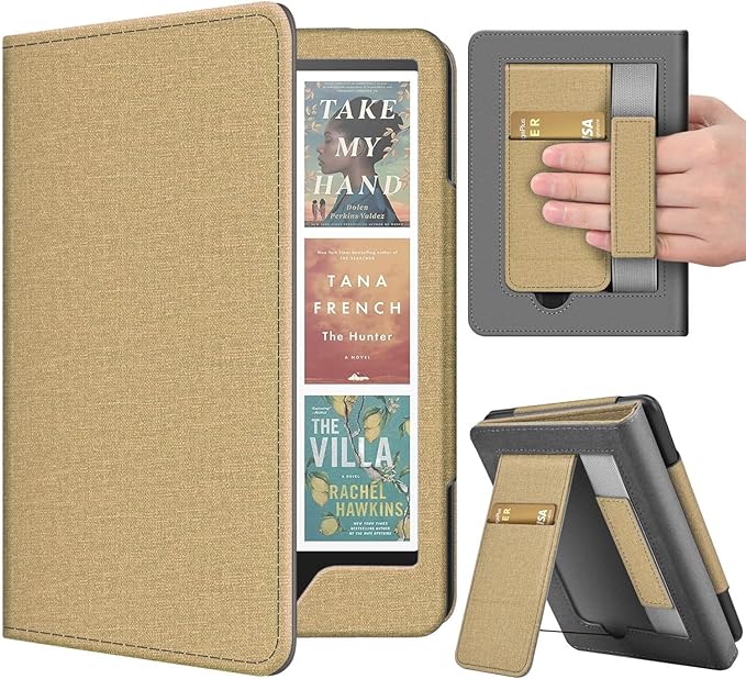 TNP Stand Case with Strap for Kindle Paperwhite 12th Gen 2024 / Kindle Colorsoft Signature Edition - 7" PU Leather Protective Folio Cover with Auto Wake/Sleep & Card Slot, Gold