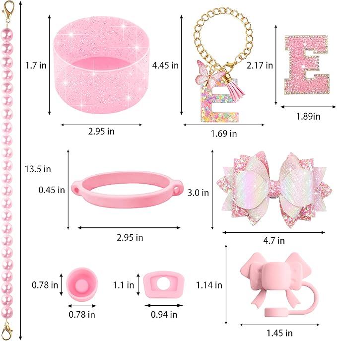 9PCS Pink for Stanley Cup Accessories Set Bling Initials Bow Charms for Stanley Decorations 30/40 Oz Tumbler Accessories Including Bow Straw Topper, Handle Strap, Spill Stopper（Letter E）