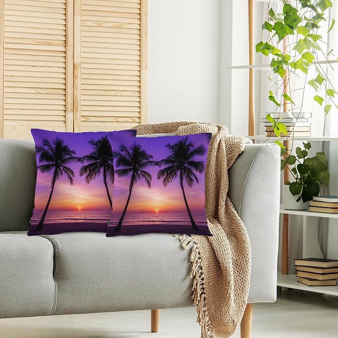 Swono Tropical Beach Throws Pillows Covers for Couch, Sunset Ocean Beach Palm Trees Decorative Pillow Cases for Men Women, Comfortable Pillow Cushion Cover Pack of 2 18"X18" for Home Sofa Bed Purple