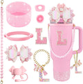 9PCS Pink for Stanley Cup Accessories Set Bling Initials Bow Charms for Stanley Decorations 30/40 Oz Tumbler Accessories Including Bow Straw Topper, Handle Strap, Spill Stopper（Letter L）