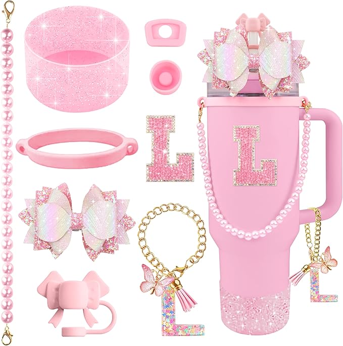 9PCS Pink for Stanley Cup Accessories Set Bling Initials Bow Charms for Stanley Decorations 30/40 Oz Tumbler Accessories Including Bow Straw Topper, Handle Strap, Spill Stopper（Letter L）