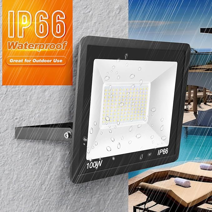 100W LED Flood Light Outdoor, 2Pack 10000LM Super Bright, IP66 Waterproof Outside Work Lights, 6500K Daylight White Security Lights, Plug in Flood Light for Yard Garage Garden Patio