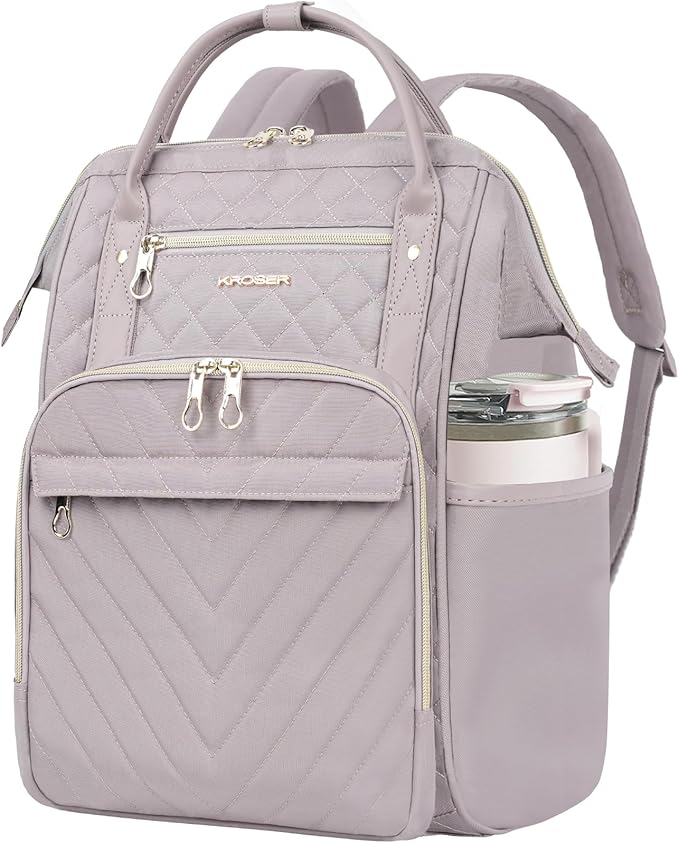KROSER Laptop Backpack 17" Stylish Backpack Water Repellent College Casual Daypack Travel Business Work Bag for Men/Women-Quilted Dusty Pink