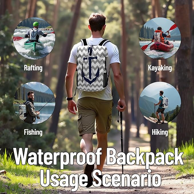 Waterproof Dry Bag Heavy Duty Marine Dry Bags for Kayaking Hiking Anchor Nautical Navy Blue Gray Striped Backpack Roll-Top Closure Bag - Backpack Waterproof Phone Case 35L/55L/85L