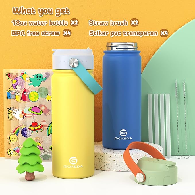 GoKEDA 18oz Kids Water Bottle, 2 Pack Insulated Bottles with Stickers, 18/8 Stainless Steel Vacuum Leak Proof Straw Cup for School, Gifts for Boys Girls(BlueYellow+GreenBlue)