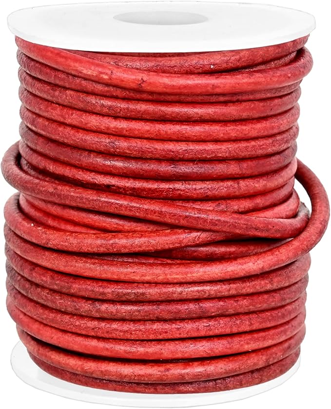 GENIQUE Real/Genuine Round Leather String Cord for Necklace, Bracelets, Jewellery, Braiding (3mm, Red Distressed)