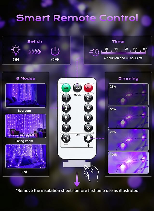 Brightown 300 LED Purple Fairy Curtain Lights, 9.8ft x 9.8ft String Lights, USB Plug in 8 Lighting Modes Christmas String Hanging Lights with Remote for Bedroom Indoor Outdoor Party Xmas Purple 1 Pack