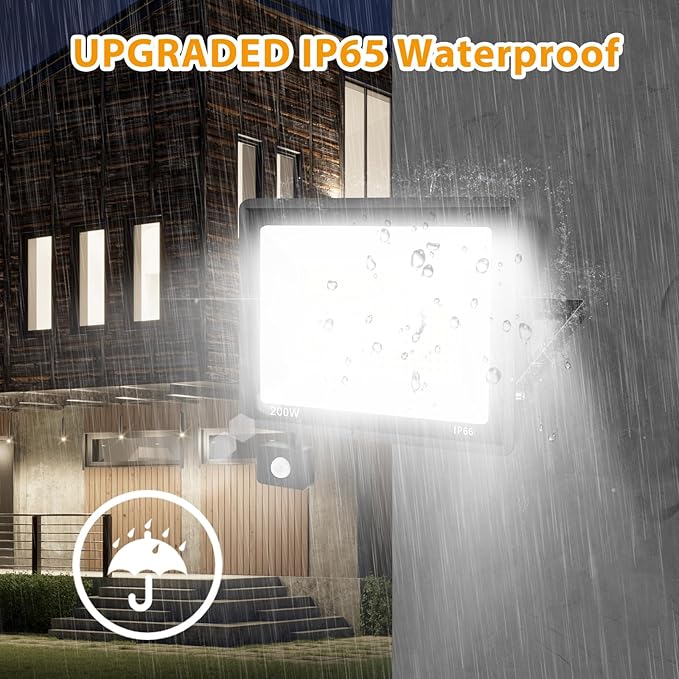YANYCN 2 Pack 200W LED Motion Sensor Flood Light, Super Bright IP66 Waterproof Outdoor 23000 lumens 5000K Daylight Dusk to Dawn Security Light for Front Porch, Barn