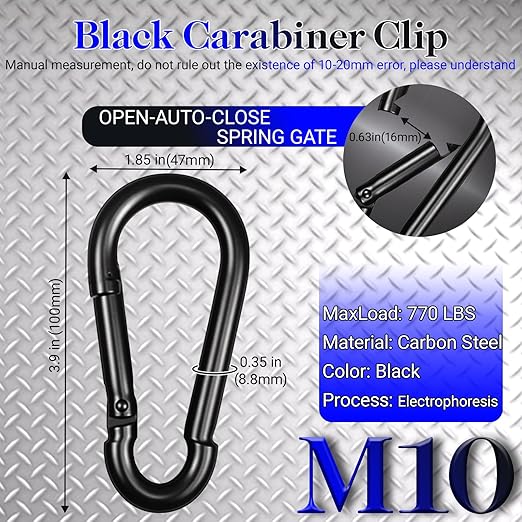 12 Pack 3.9" Heavy Duty Carabiner Clips, M10 Black Galvanized Steel Spring Snap Hooks, Rust-Resistant Keychain Clips for Hammock, Camping, Hiking, Fishing, Swing Set