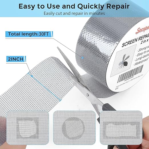 Secopad Grey Window Screen Repair Tape, 2IN X 30FT (360IN) Screen Repair Kit for Windows or Doors, Strong Adhesive Patch Kit Fiberglass Mesh Tape (Pack of 2)
