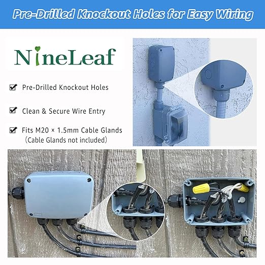 Outdoor Junction Box,Nineleaf IP66 Weatherproof Electrical Project Boxes PVC/ABS Plastic Enclosure Box Universal Watertight 4.9 x 3.3 x 2.3 inch (125x86x62mm), Fit with 20mm Cable Gland Grey