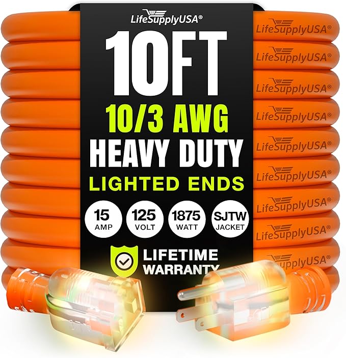 10ft Outdoor/Indoor Extension Cord 10/3 Gauge Ultra Heavy Duty 3 Prong SJTW, Waterproof, Flexible Cold-Resistant Long Power Cord,15A 125V 1875W, Orange by LifeSupplyUSA