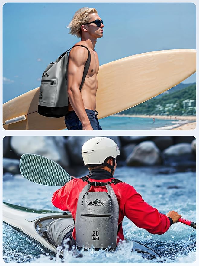 HEETA Waterproof Dry Bag with Front Zippered Pocket for Women Men, 5L/10L/20L/30L/40L Roll Top Lightweight Dry Storage Bag Backpack for Travel, Kayaking, Boating, Rafting, Camping, Hiking & Beach